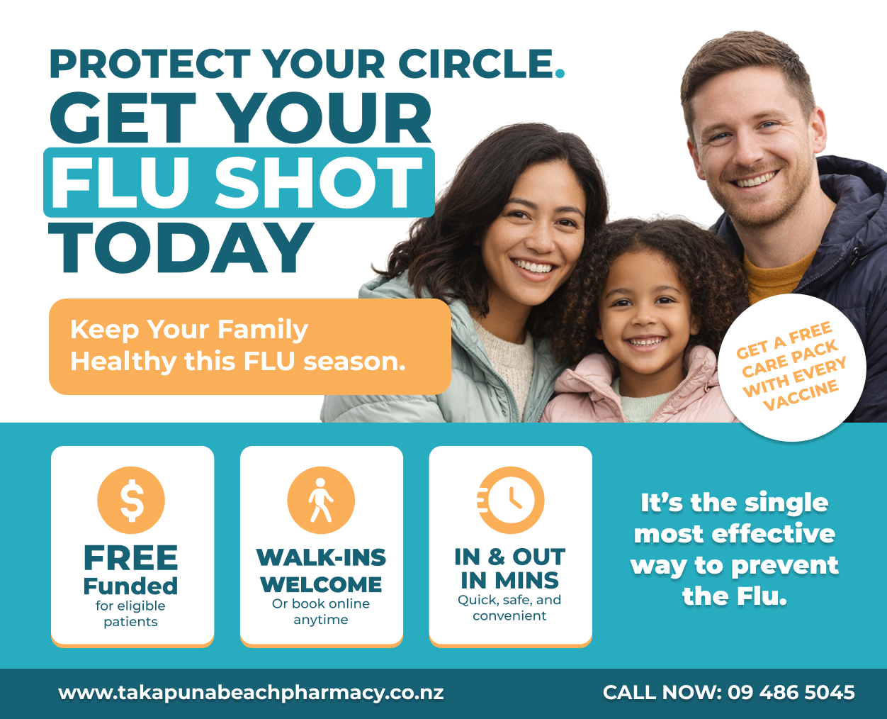 Family flu shot promotion – Protect Your Circle. Get your flu shot today. Free funded for eligible patients, walk-ins welcome, in and out in minutes.